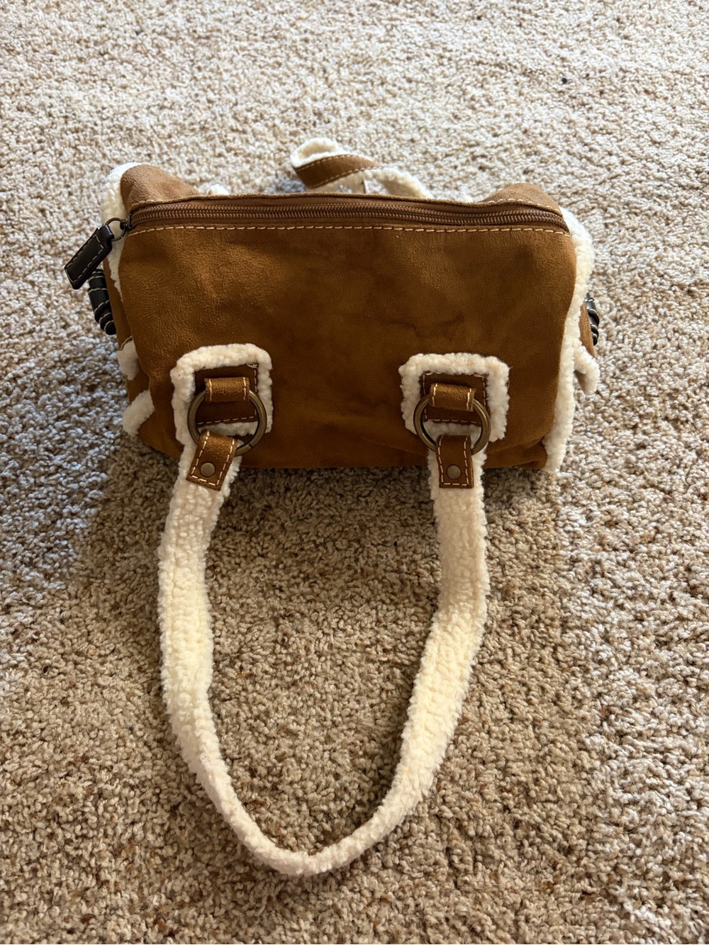 Bath & Body Works Tan Suede Shoulder Bag with Cream Shearling Trim